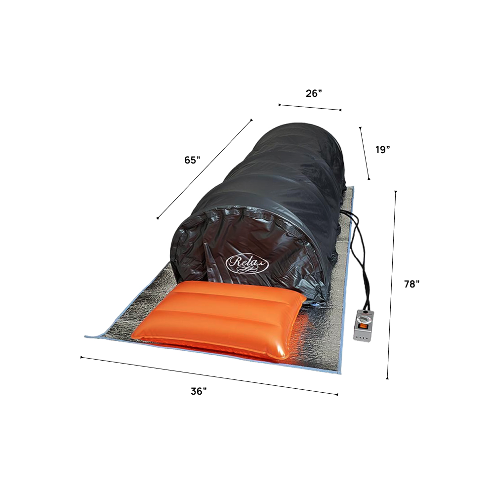 Relax Flex sauna dimensions diagram showing 65 by 26 by 19 inches on a 78 by 36 inch mat