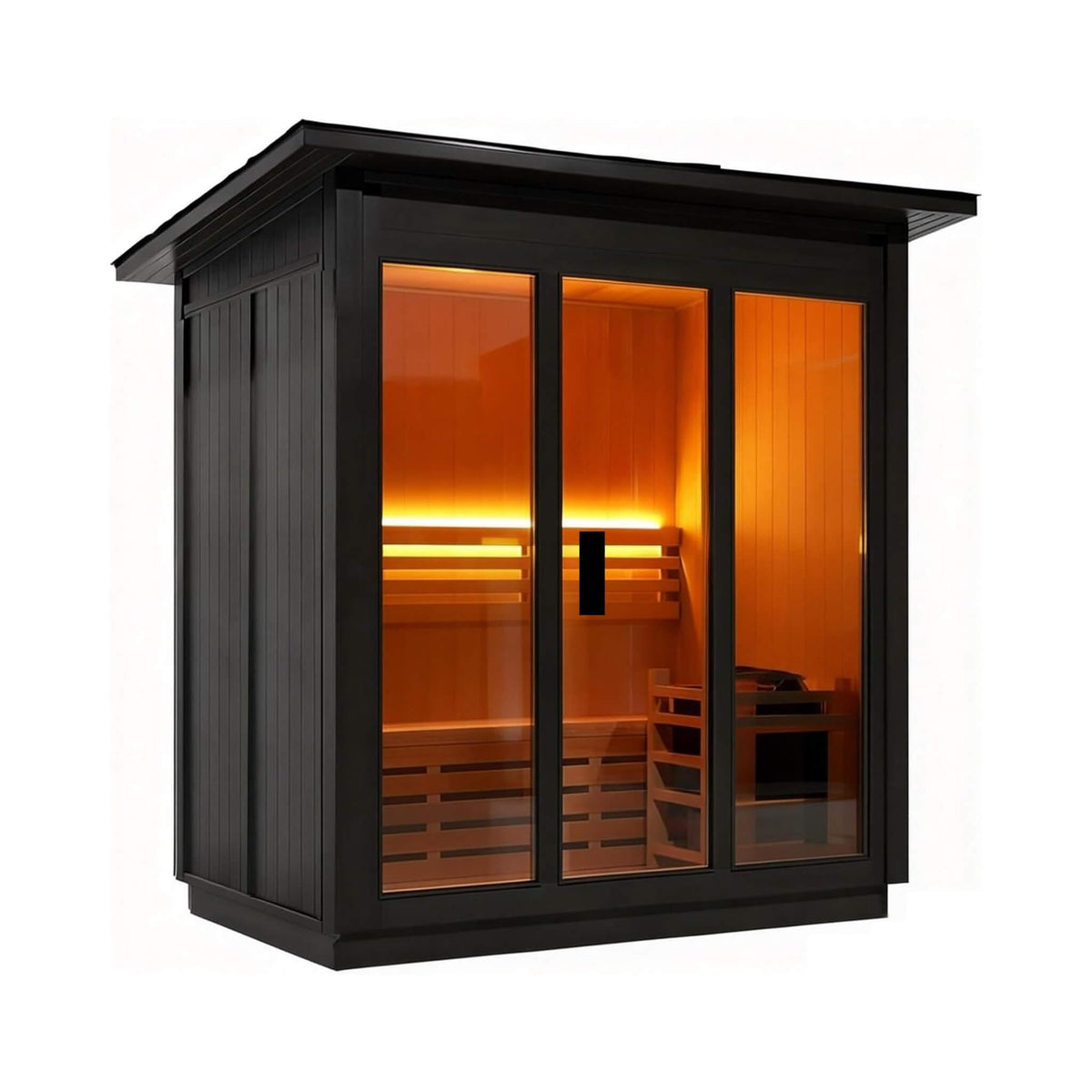 Outdoor steam sauna, black exterior front right view