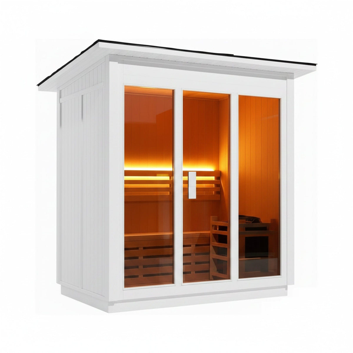 Outdoor steam sauna, white exterior front right view
