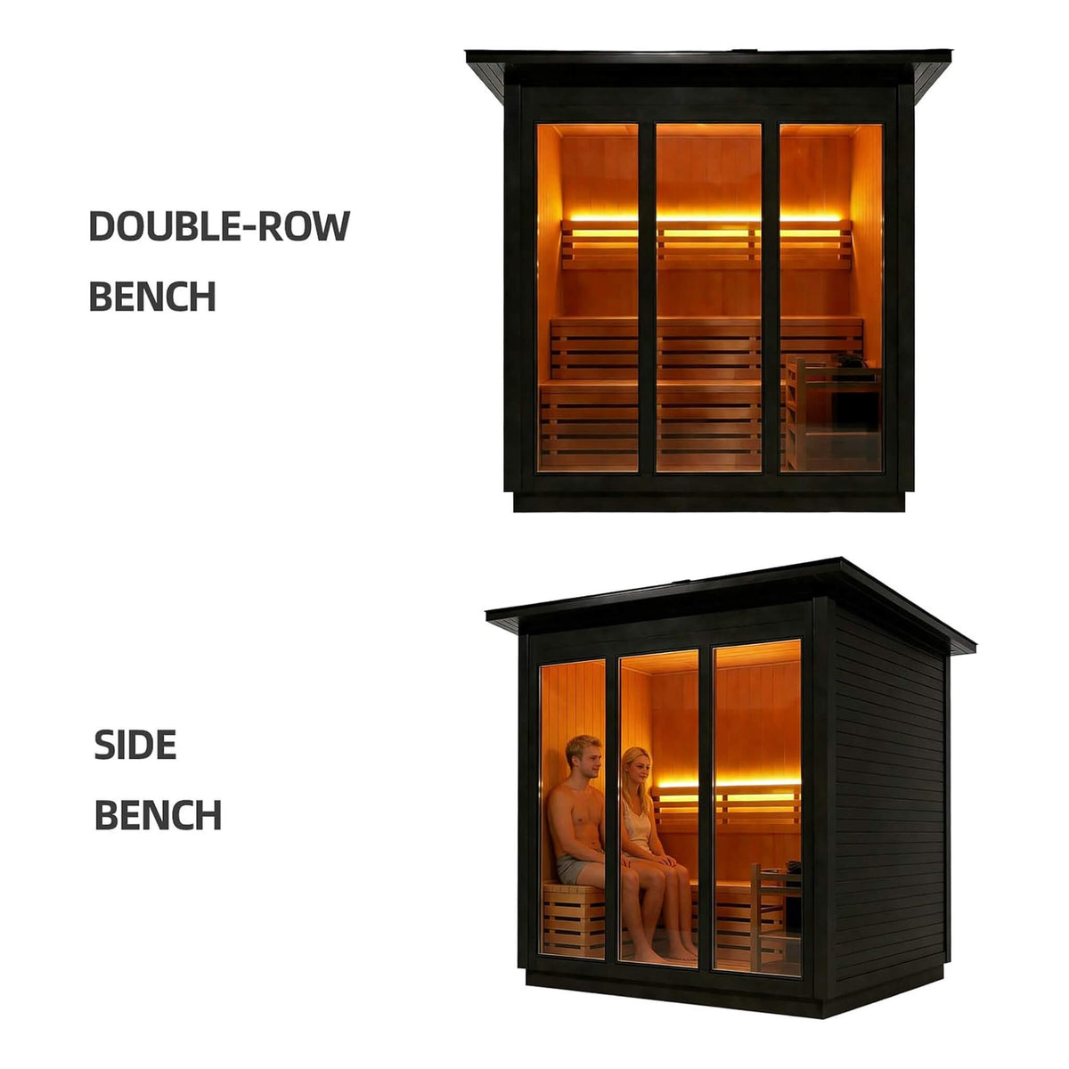 Outdoor steam sauna bench layout options