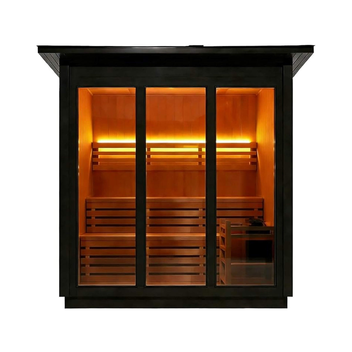 8-person red cedar outdoor steam sauna, front view