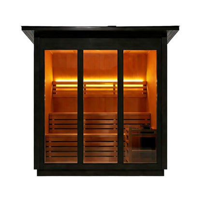 8-person red cedar outdoor steam sauna, front view