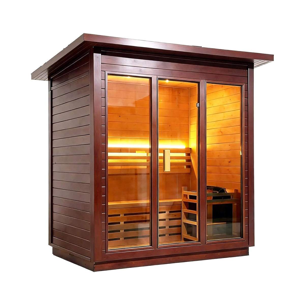 Outdoor steam sauna, red cedar front right view