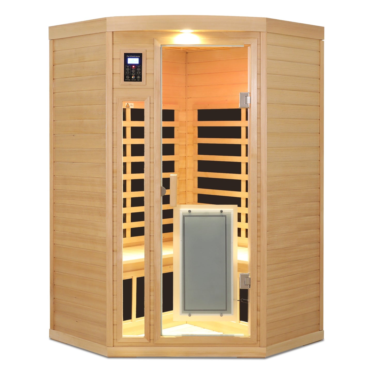 Low EMF hemlock corner sauna room front view showing carbon heater panels and control panel