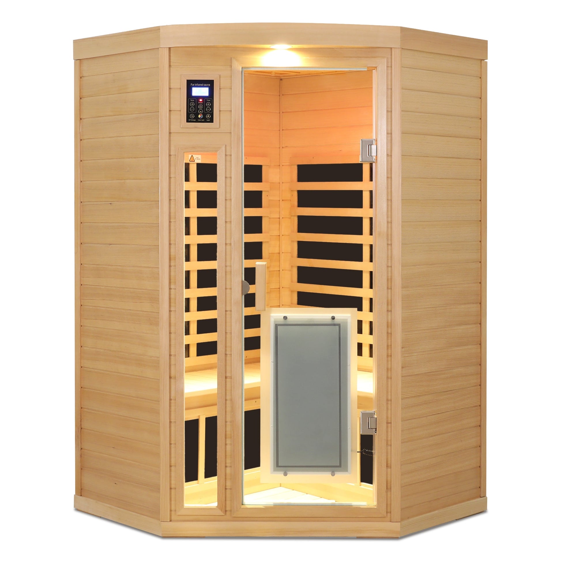 Low EMF hemlock corner sauna room front view showing carbon heater panels and control panel