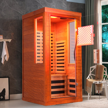 Wood infrared home sauna, 1-person solid wood cabin with warm interior lighting
