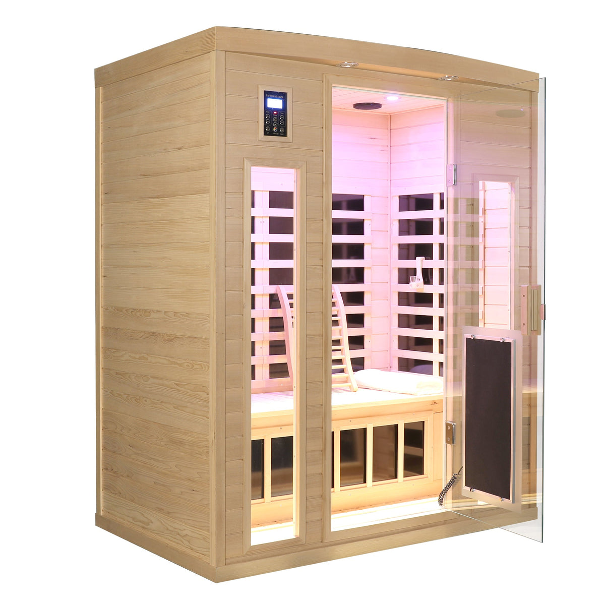 Three person hemlock sauna room three quarter view with pink chromotherapy lighting