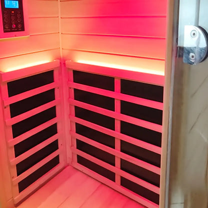 909MX 1-person ultra-low EMF infrared sauna with 270 degree glass and light therapy, exterior view