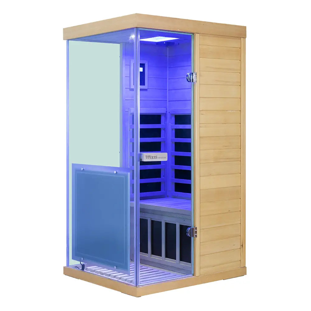 909MX 1-person ultra-low EMF infrared sauna with 270 degree glass and light therapy, product view