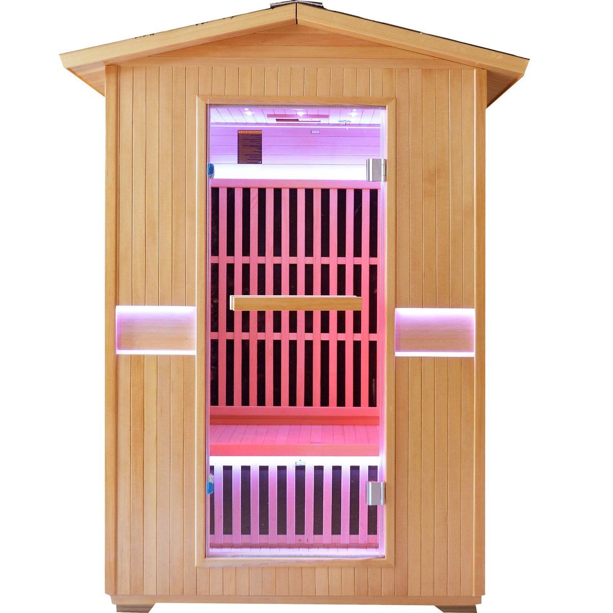 Canadian hemlock 2-person outdoor infrared sauna with pitched roof, front view, on white background
