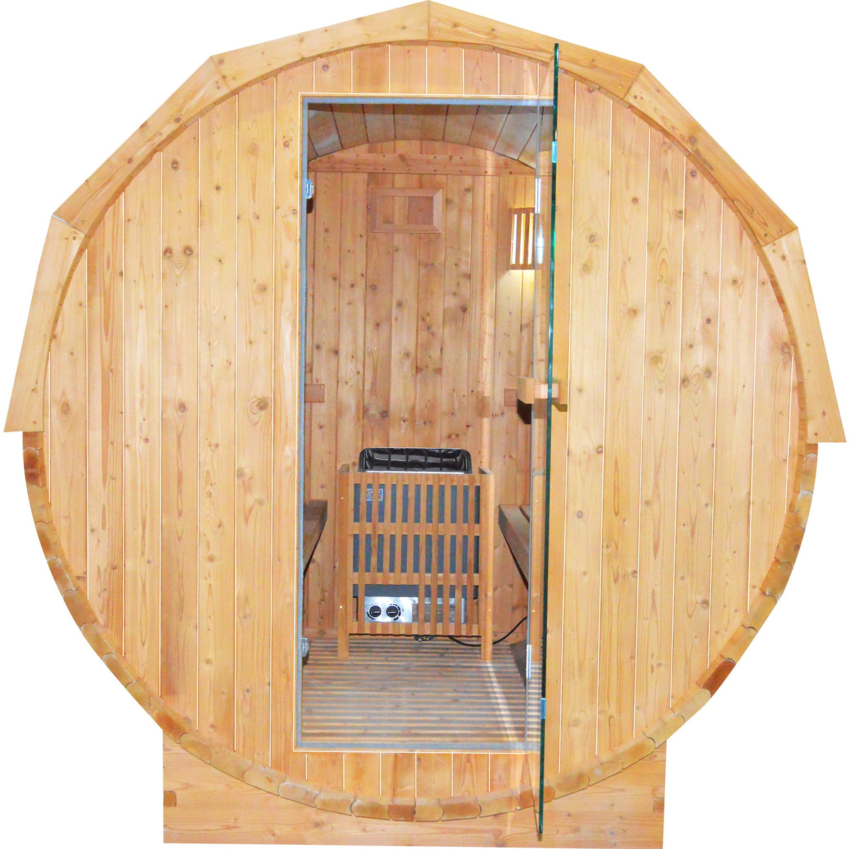 Cylindrical barrel sauna, angled view