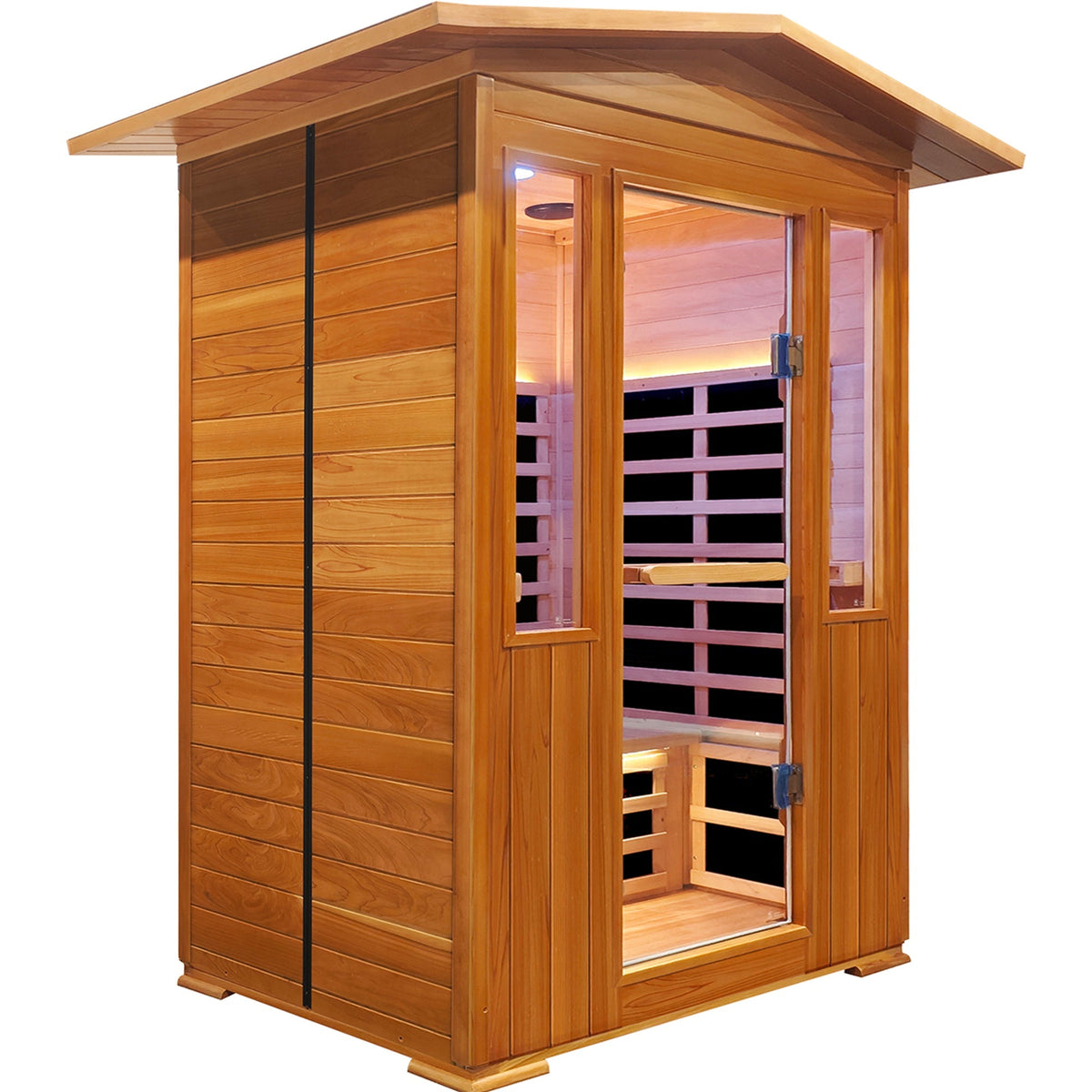 Outdoor red cedar infrared sauna, side view