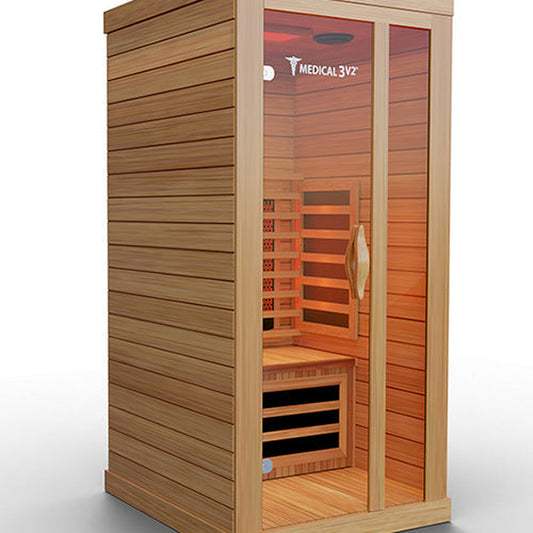 1-person full spectrum infrared sauna in hemlock, front view, on white background