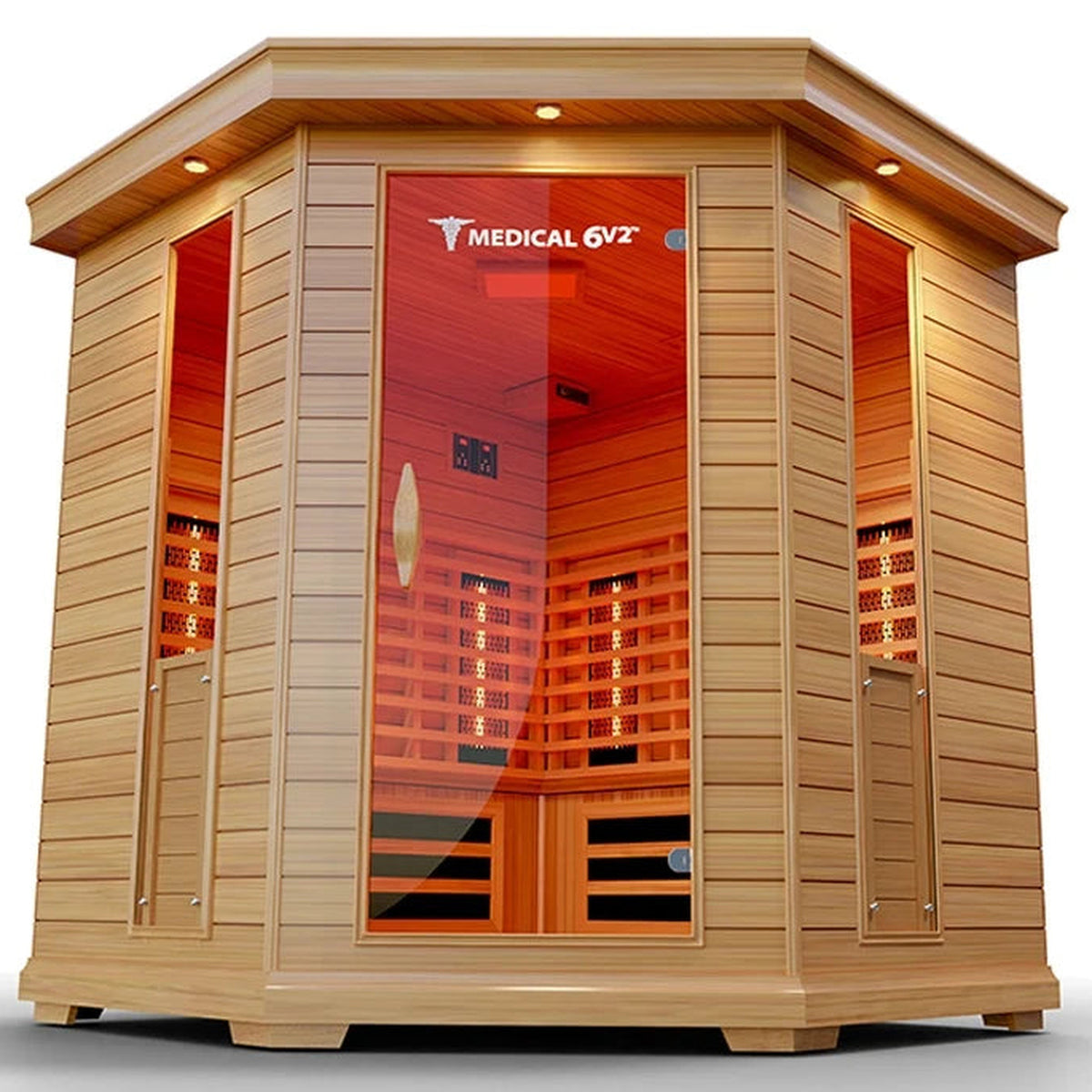 6-person full spectrum corner infrared sauna in hemlock, on white background