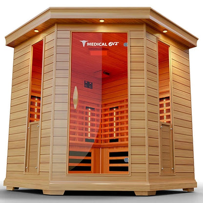 6-person full spectrum corner infrared sauna in hemlock, on white background