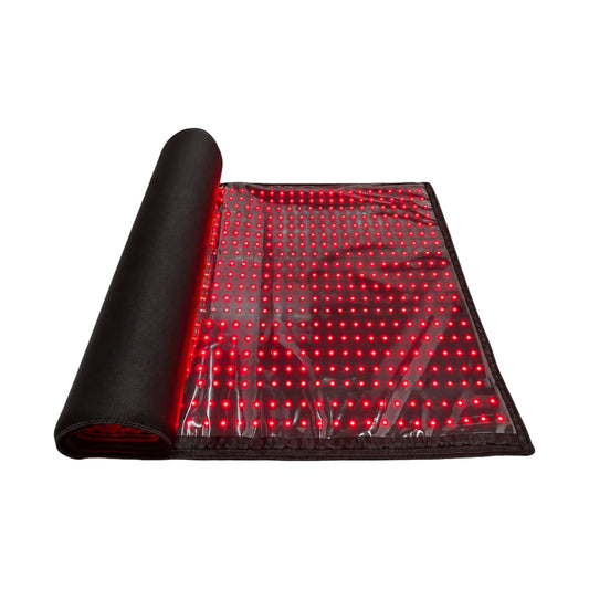 FullGlow 180 full-body red light and near infrared mat, partially rolled, on white background