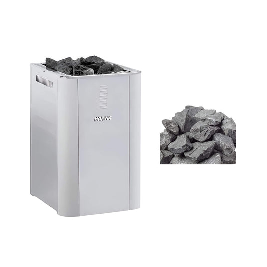 Harvia Duo series white sauna stove beside a pile of grey sauna stones