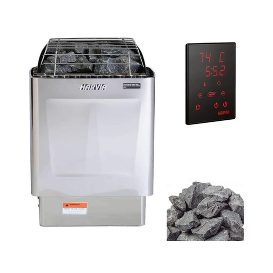 Harvia KIP sauna heater with Xenio CX170 control panel and a pile of sauna stones