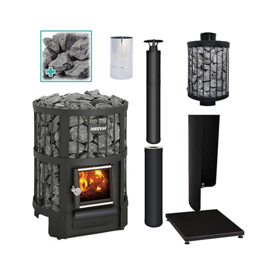 Harvia Legend 150 wood burning sauna stove package with chimney, heat shield and stones