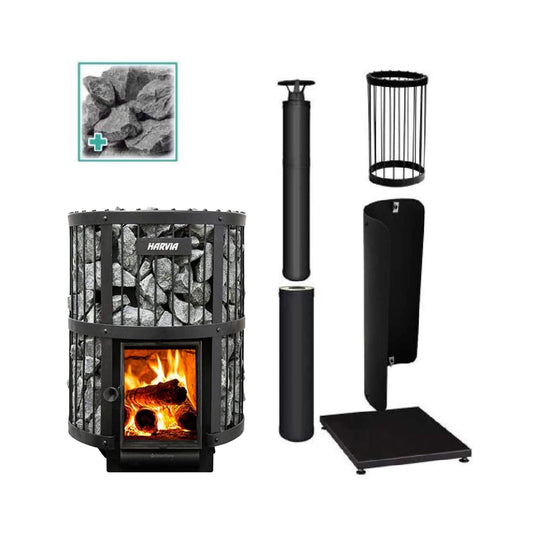 Harvia Legend 150 stove package showing chimney, stone cage, heat shield and stones