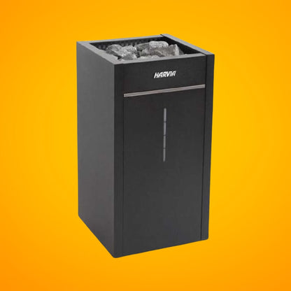 Harvia Virta Combi HL black electric sauna heater on an orange background
