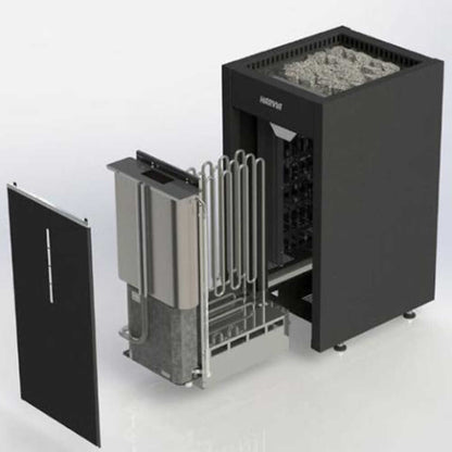 Cutaway view of the Harvia Virta Combi showing heating elements and side panel