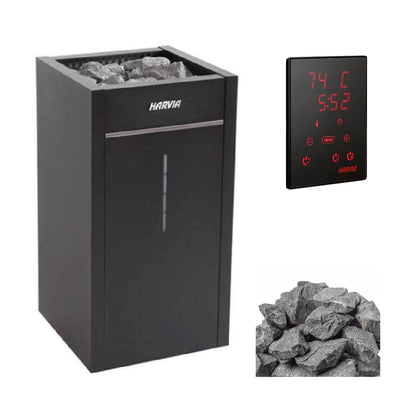Harvia Virta Combi heater with Xenio control panel and a pile of sauna stones