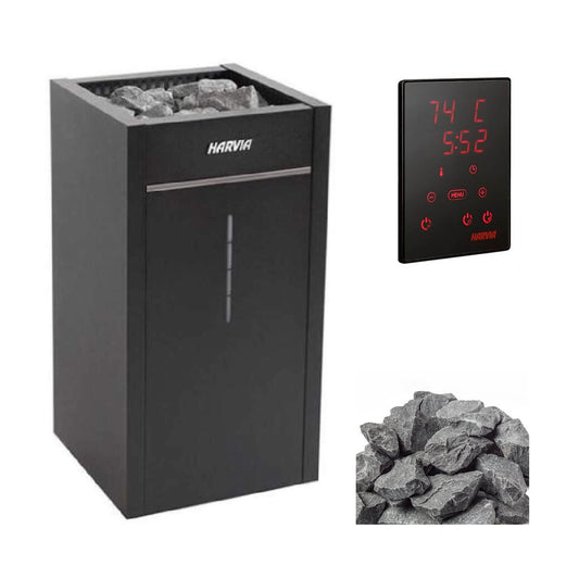 Harvia Virta Combi heater with Xenio control panel and a pile of sauna stones