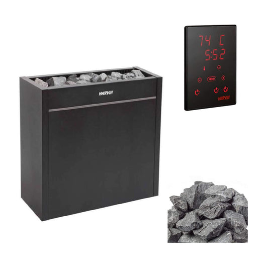 Harvia Virta Pro heater with Xenio control panel and a pile of sauna stones