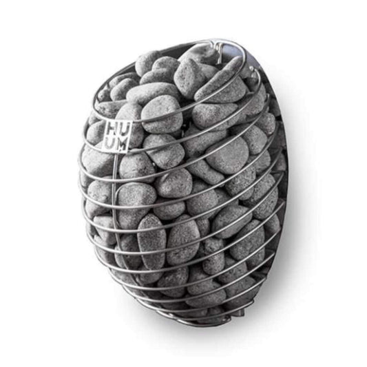 Huum Drop sauna heater, an egg shaped stone clad unit with the Huum logo