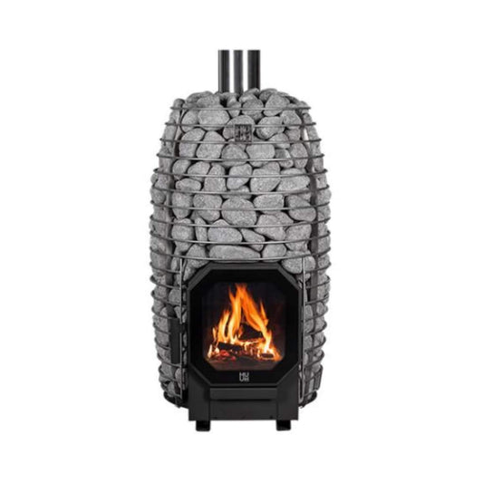 Huum Hive Flow LS 9.8kW wood burning sauna stove with lit firebox and stone cladding