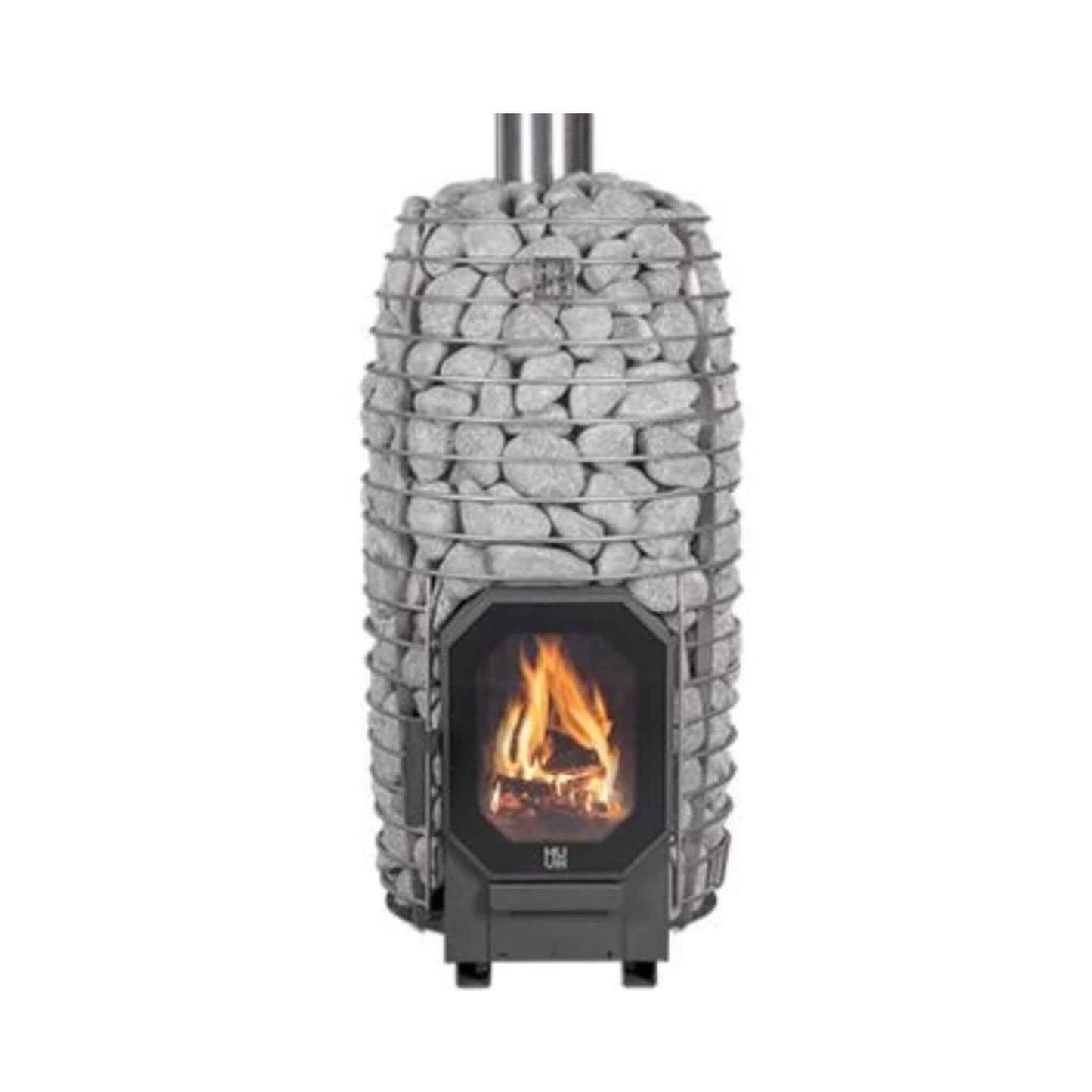 Huum Hive Flow Mini wood-burning sauna stove with stone surround and glass firebox door