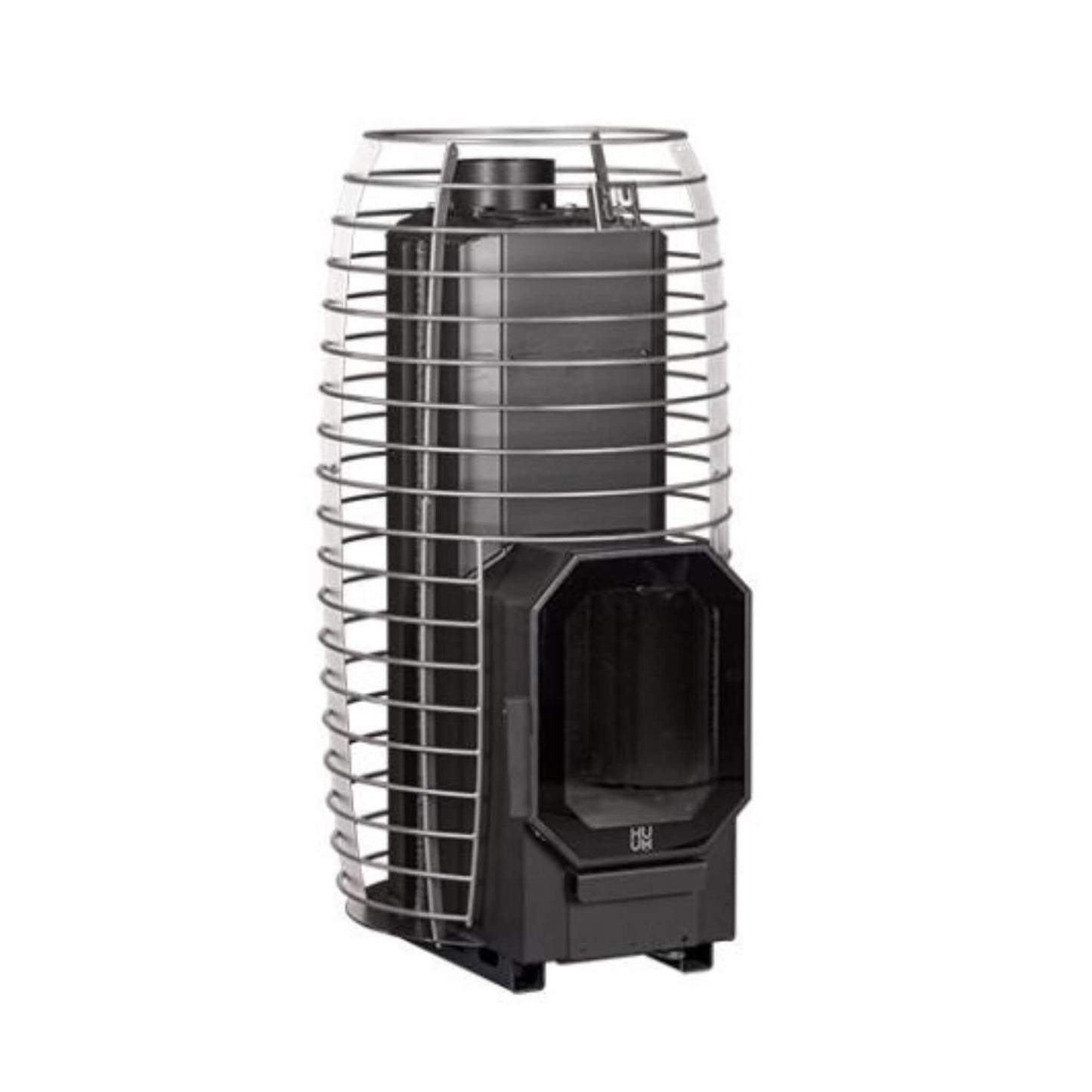 Huum Hive Flow Mini stove shown without stones, with the steel stone cage exposed