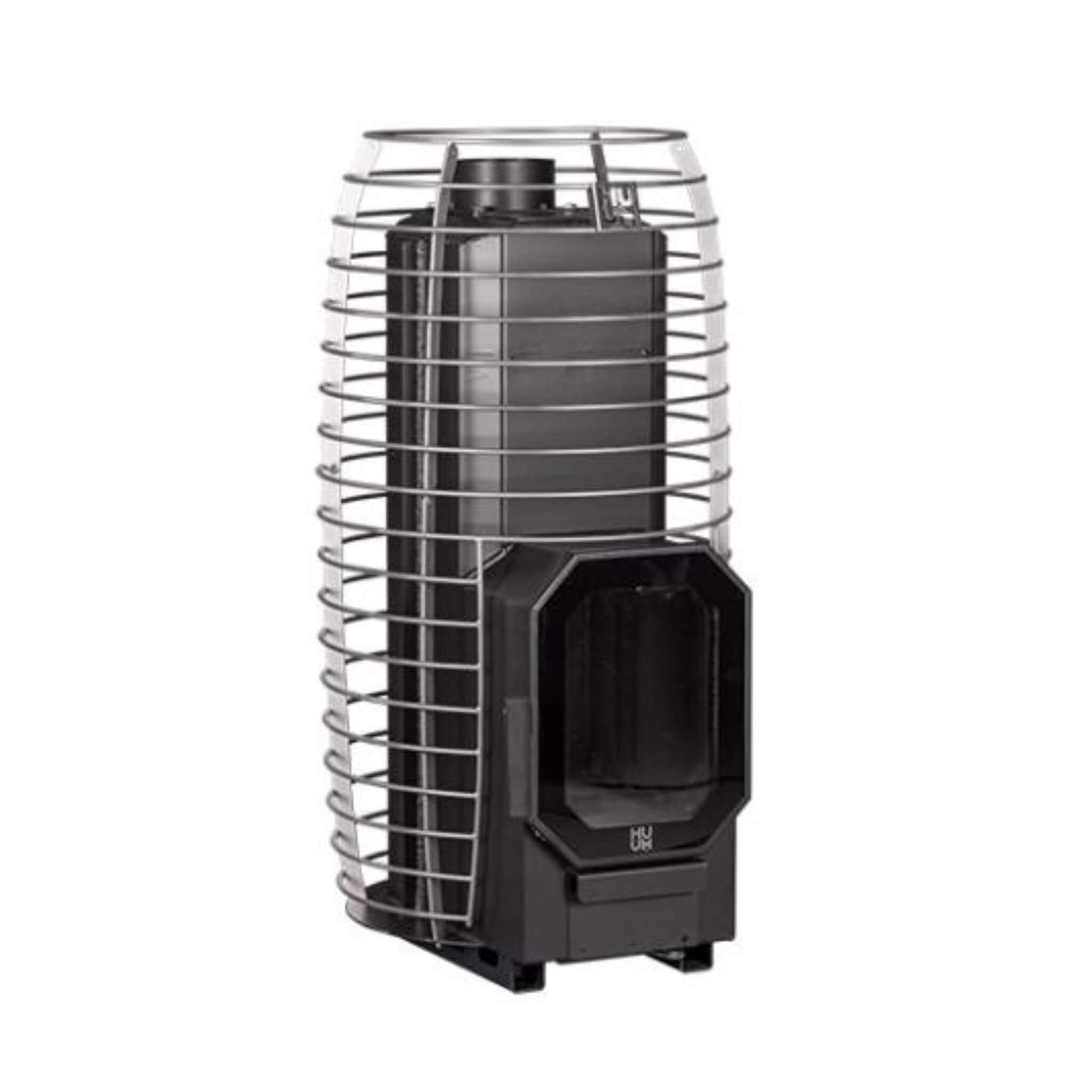 Huum Hive Flow Mini stove shown without stones, with the steel stone cage exposed