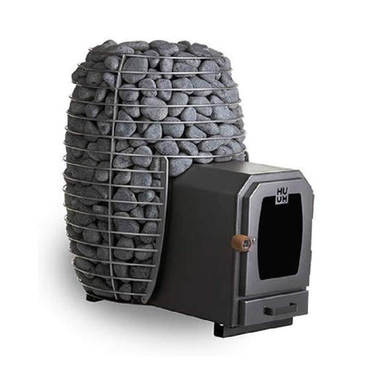 Huum Hive Wood LS 17kW sauna stove seen from the front right with stones