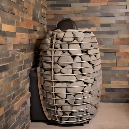 Huum Hive Wood LS stove against a wood panelled wall in a sauna
