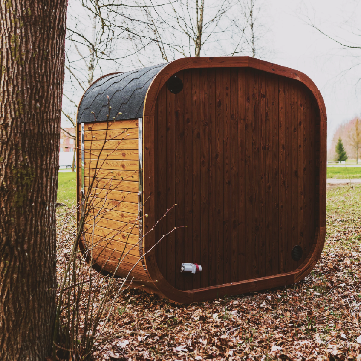 Outdoor ThermoWood sauna, side view