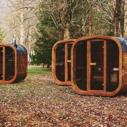 Outdoor ThermoWood sauna interior seating