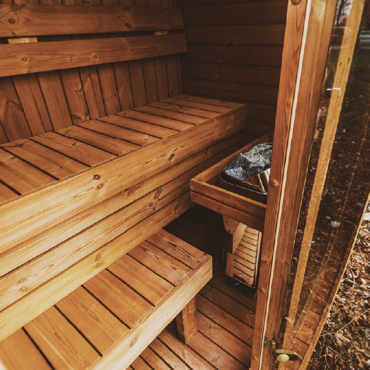 Outdoor ThermoWood sauna interior view