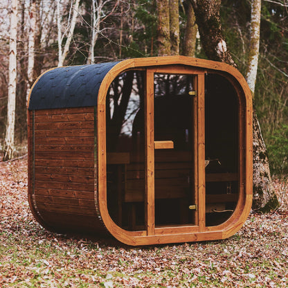 MW16 outdoor ThermoWood sauna, exterior front view with glass door