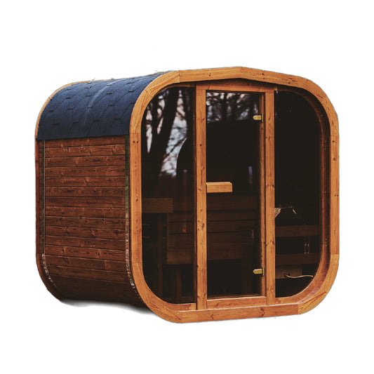 MW16 outdoor ThermoWood sauna, front view on white background