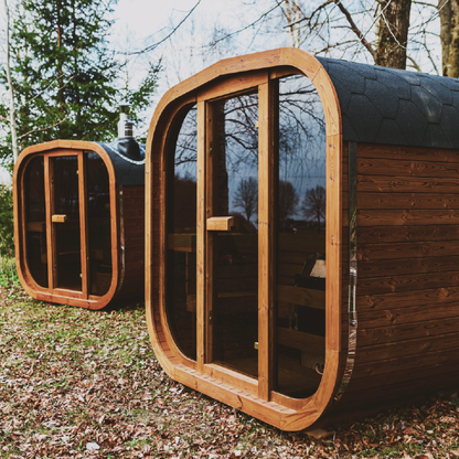 MW16 outdoor ThermoWood sauna, angled view