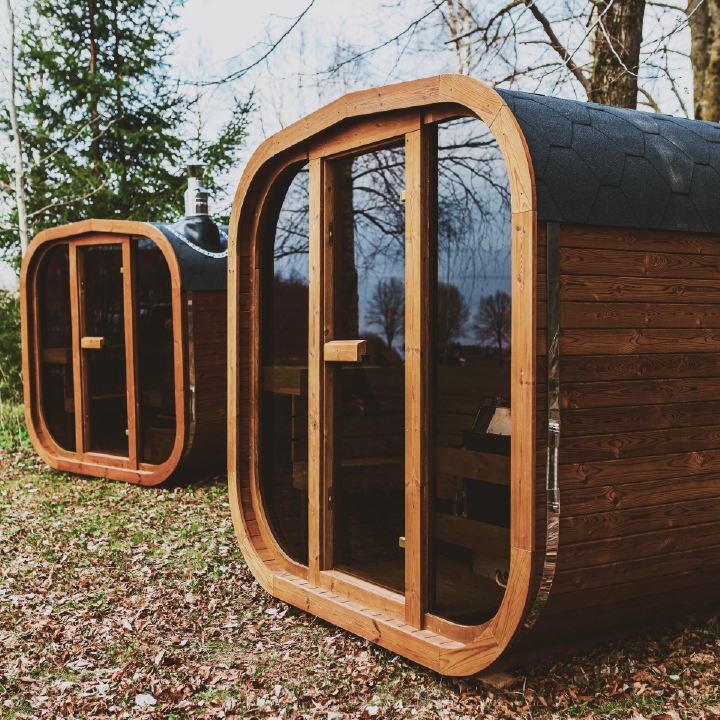 Outdoor ThermoWood sauna angled view