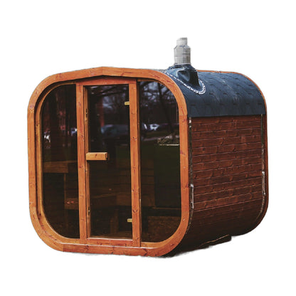 MW20 5-6 person outdoor ThermoWood sauna with chimney, front view on white background
