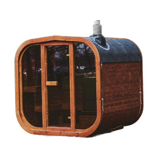 MW20 5-6 person outdoor ThermoWood sauna with chimney, front view on white background