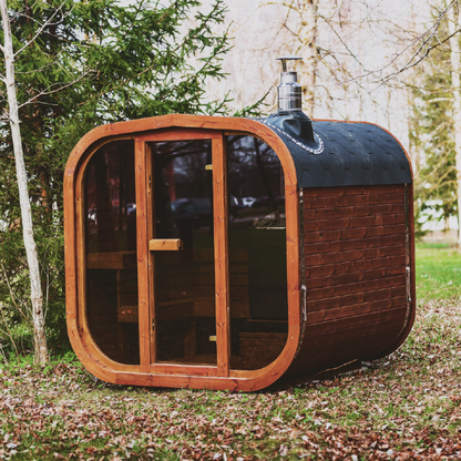 Outdoor ThermoWood sauna in outdoor setting
