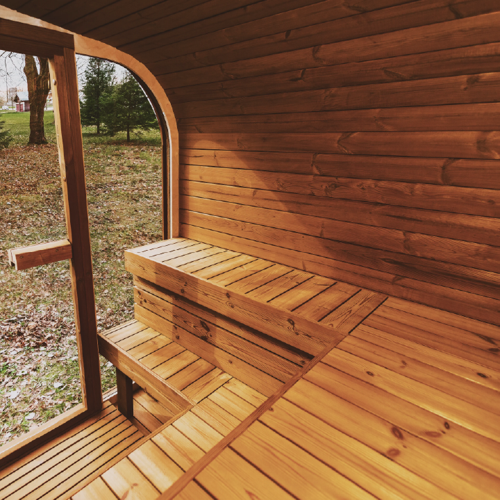 Outdoor ThermoWood sauna bench interior