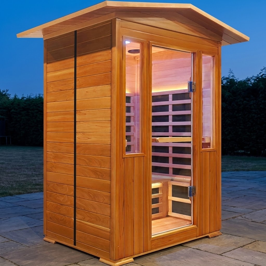 Outdoor red cedar 1-person infrared sauna on a stone patio at dusk