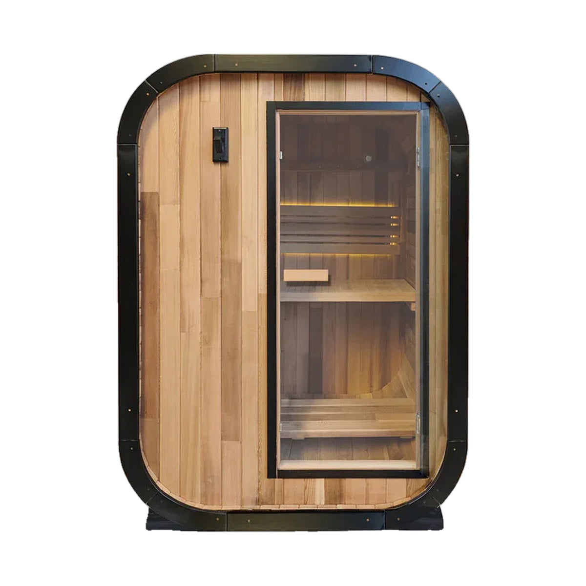 Panoramic cedar barrel sauna with curved glass front, on white background