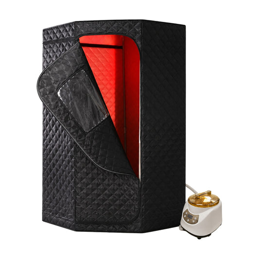 Restore Suite portable infrared sauna, black foldable 1-person cabin with red interior and steam generator, white background